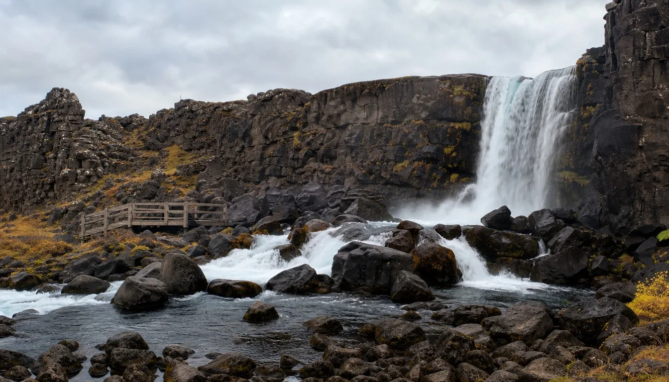 Öxarárfoss dropping into the Almannagjá fissure at Þingvellir